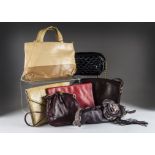 A collection of ten fashion shoulder, clutch and handbags, including a beige snakeskin from Lowe