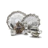 A George III period silver helmet shaped milk jug, together with two silver plated trays, a