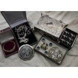 A collection of costume jewellery and other items, including a black leather handbag, several