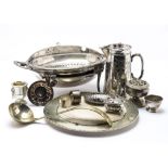 A collection of silver and plate, including a pair of sterling marked plain napkin rings, a silver