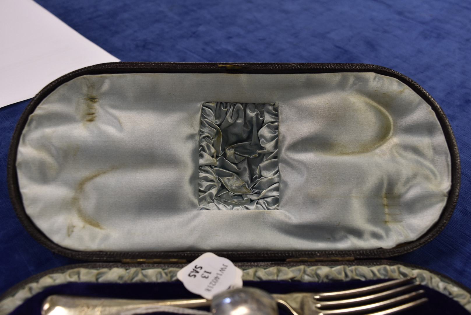 A Victorian silver Christening set by Edward Hutton, the fitted case with initials supporting an Old - Image 6 of 7