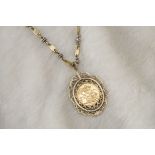 A Victorian full sovereign in pendant and on chain, the 1891 Jubilee head gold coin in an ornate