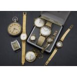 A collection of fifteen Art Deco and later watches, including two 9ct gold cased ladies examples, an
