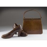 A vintage crocodile skin handbag and similar shoes, the shoes a size 5 marked Goodshoes Singapore,