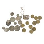 A collection of British coins, including two Tudor hammered examples, some pre-1946 examples,