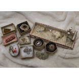 A collection of jewellery, including several jet items, AF, an agate brooch, various necklaces,