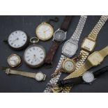 A collection of watches, including three pockets, a 9ct gold cased Rone, a 14ct gold ladies