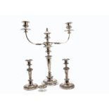 A Victorian silver plated candelabra, the large candlestick with two branch upper, together with a