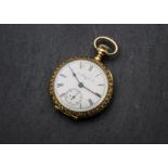 An Edwardian or later Elgin 14ct gold lady's open faced pocket watch, top wind with white enamel