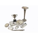 A group of nine Victorian and later small silver items, including a trumpet vase, cigarette case,
