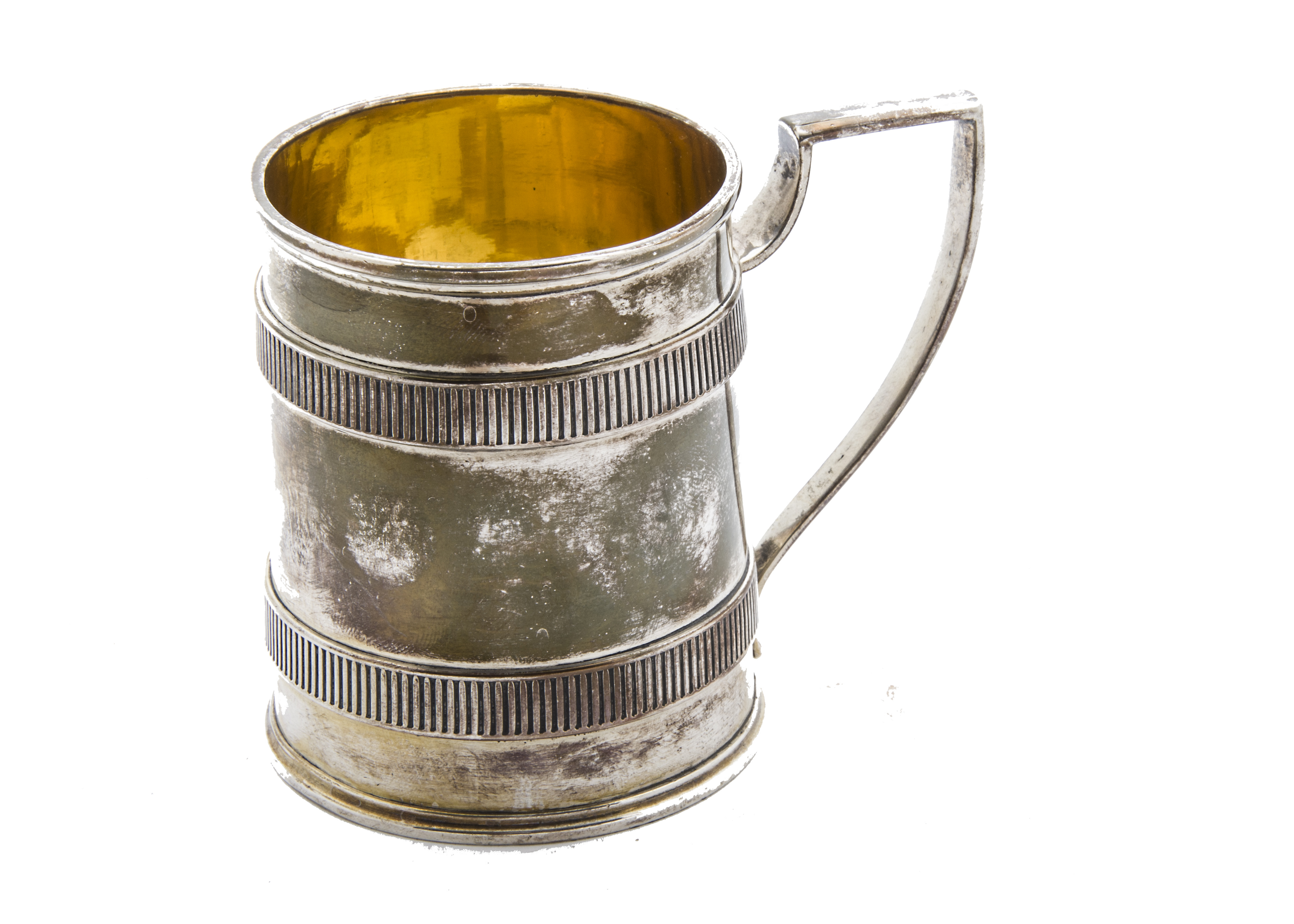 A George III silver Christening tankard, London c1807, with two bands to plain body, with gilt