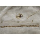 A group of five 9ct gold and other items of jewellery, including a 9ct gold bracelet, 19.4g, a