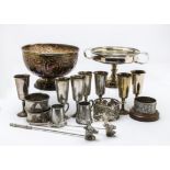 A collection of silver plated items, including a wine bottle coaster, a tazza, a punchbowl,