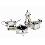 A modern three piece silver cruet set from S Ltd, comprising mustard, pepper and salt, together with
