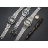 A collection of watches and other items, various wrist and pocket watches, along with a pair of