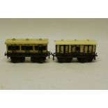 Early Bing O Gauge LNWR Bogie Coaches, both in brown/ivory, comprising 1st class coach 1985 with