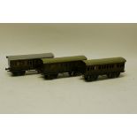 Bing O Gauge GWR 'Shortie' Bogie Coaches, all in GWR dark brown livery and numbered 9821, comprising
