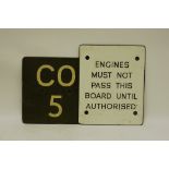 Two Black/White Enamelled Signs, from railway locations, 'Engines Must Not Pass This Board Until