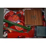 1950's Red and green Meccano and Accessories, various items including gears, chains, funnels,