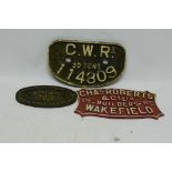 Railway Wagon Builder's Plates, comprising oval MCCW plate 1936, 8" long, GWRy. 20 tons 114809 (