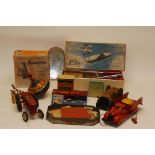 Pre and Post-War Play-Worn Tin and Other Toys Including, Marx red tin pull-along trunk with a