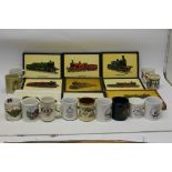 A Box of Railway-related Souvenirs and Other Items, including 17 pottery mugs from various preserved
