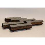 Bassett-Lowke Repainted O Gauge LMS Mail Vans and Coaches, comprising two '1924' mail coaches, three