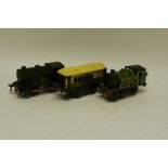 Hornby O Gauge Clockwork Locomotives and Coach, comprising LNER black No 1 tank locomotive 826, post