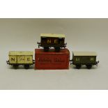 Hornby O Gauge 'OAG' Vans and Brake Van, comprising nut-and-bolt Midland Railway luggage van in grey