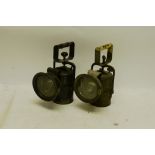 LNER and BR Carbide/Acetylene Hand-Lamps, two of similar design, the LNER example P-F, mostly