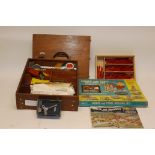 Post-War Meccano and Chad Valley, Wooden case containing Meccano, with various manuals and a boxed