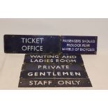 A Set of Six Blue/White BR Station Signs, comprising Enamelled plates 'Waiting and Ladies Room', '