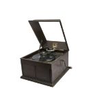 An HMV table grand gramophone, Model 103, in oak case with No 4 soundbox and Harrods label (