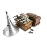 A Pathé Phonograph, with fixed Salon mandrel, integral orpheus attachment, crank wind aluminium horn