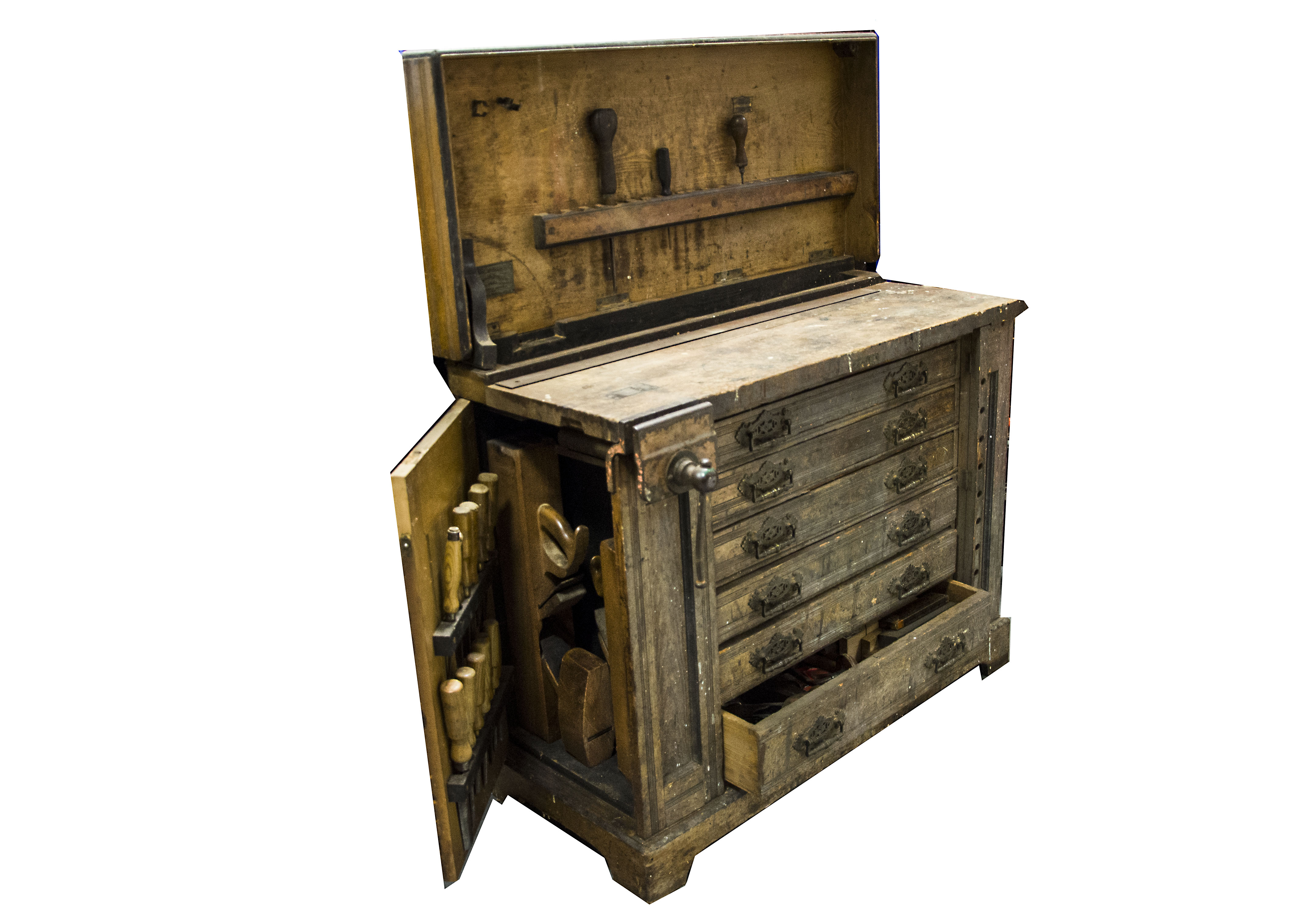 A work bench tool cabinet, by Richard Melhuish & Sons, London, with hinged lid containing a tool