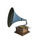 A horn gramophone, with large fluted blue horn, oak case and Magnet-type soundbox on gooseneck