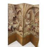A tapestry four fold modesty screen, having Spanish inn scene with figures drinking, each panel, 182
