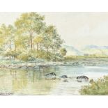 John S Fox 1860-1939 British school, pair of watercolours, river scenes and valley fields, signed