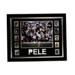 Pele, a framed and glazed presentation of Pele, large photograph surrounded by ten small images