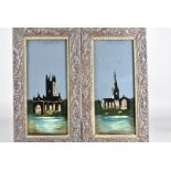 Two Victorian reverse paintings on glass of churches, heightened in gilt and mother of pearl, 33