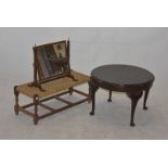 A mahogany table top dressing mirror, circular modern mahogany table, cord-top oak stool, folding