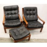 A pair of Tessa Pty Ltd teak and leather easy chairs, with matching ottoman designed by Frank Lowen