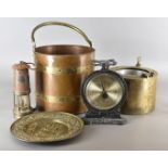 A collection of metalware, including a copper and brass log bin, a novelty ice bucket modelled as
