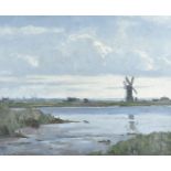 C A Mellen, Contemporary, oil on board, Norfolk Broads landscape with windmill, signed LL, 25 cm x