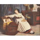 English School, oil on board, mother and child in crib, signed and dated 1861, 18 cm x 23 cm