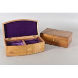 An Art Deco bow fronted walnut jewellery box, with lift out section, 30 cm x 15.5 cm 11 cm, together