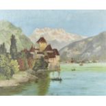 W Fewell, late 19th Century, oil on canvas, Swiss lake ski scene with mountains, 38 cm x 48 cm