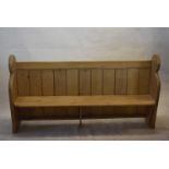 Vintage Church Pew, Waxed pine, with planked back and shaped ends 97cm high 180cm long 45 deep