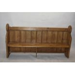 Vintage Church Pew, Waxed pine, with planked back and shaped ends 97cm high 180cm long 45 deep