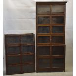 A 1930s stained oak ten-section glazed stacking bookcase, missing one cornice return, 89cm wide